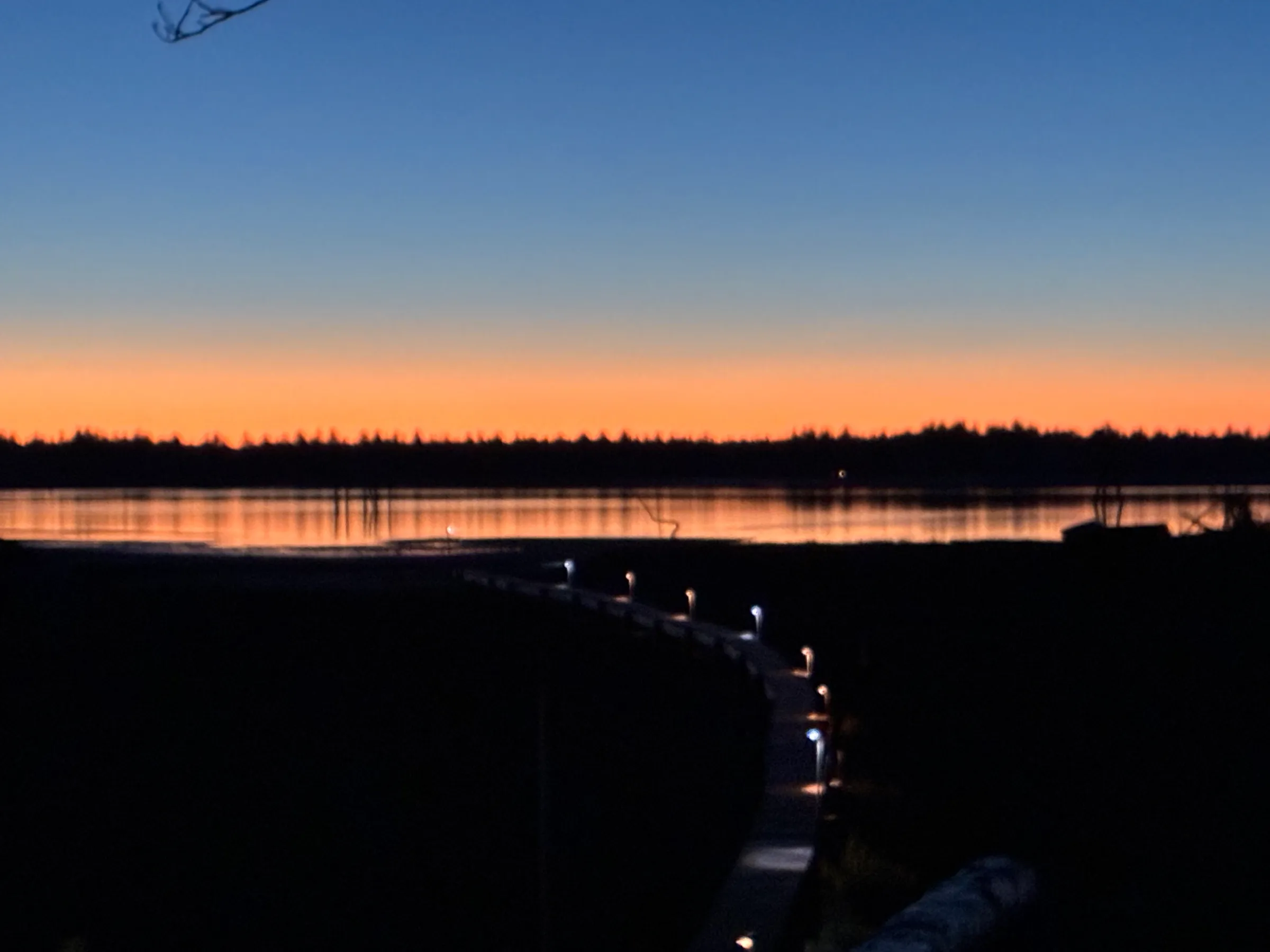 Lit walkway along the waterfront at dusk
